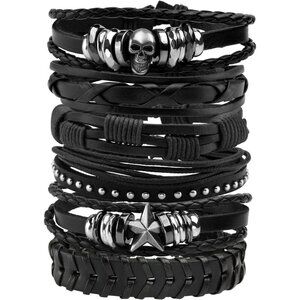 6Pcs Punk Leather Bracelets Women Men Braided Skull Accessories Adjustable